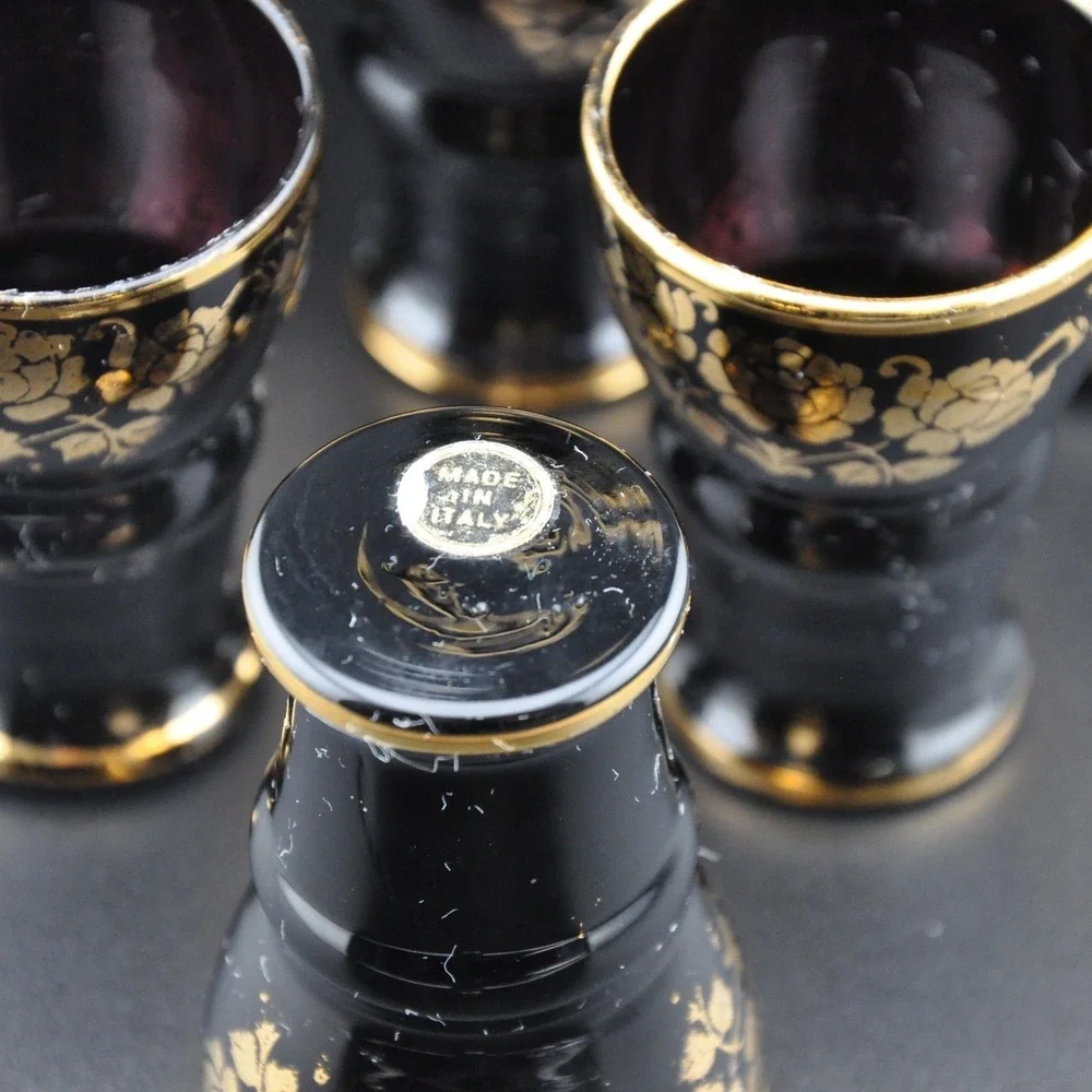 Vintage Italian Amethyst Glass Decanter Set‎ 7pc Black Gold Floral Excellent